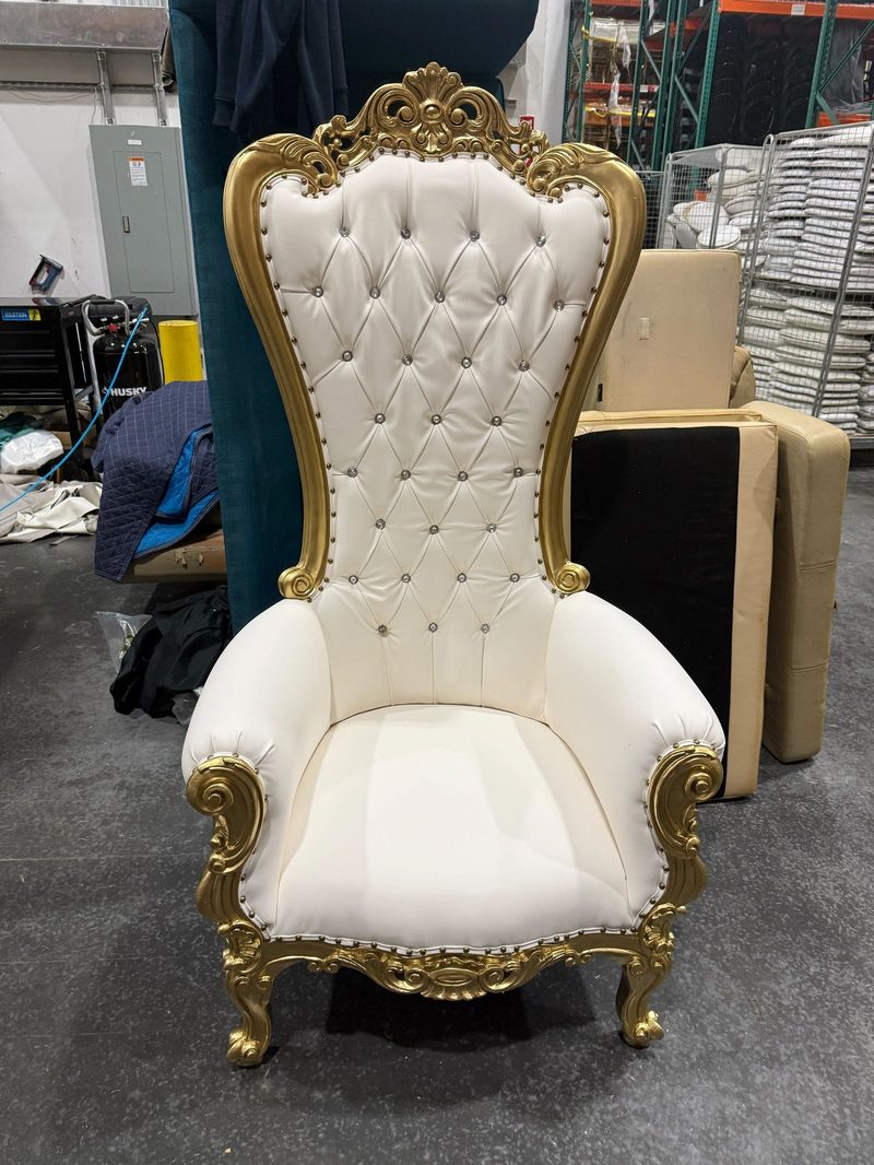 White tufted throne chair with crystal buttons and gold frame
