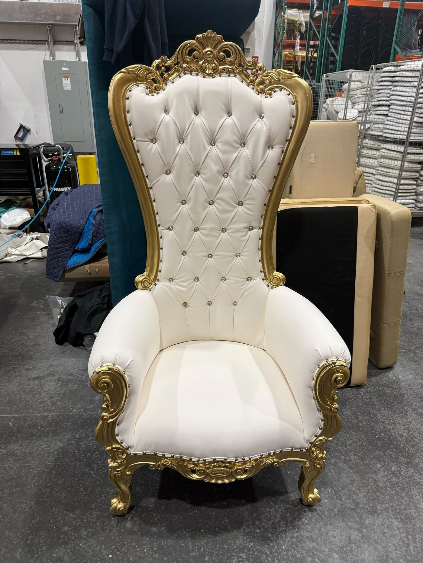 Tufted white throne chair with gold frame, freshly re-upholstered
